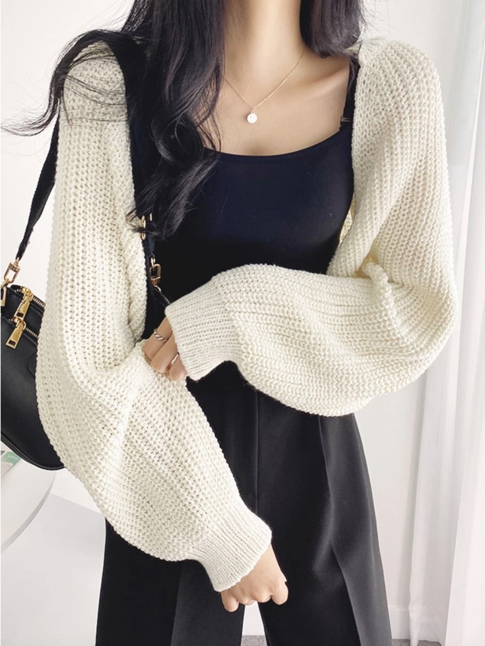 Cream Cropped Knit Bolero Shrug with Balloon Sleeves